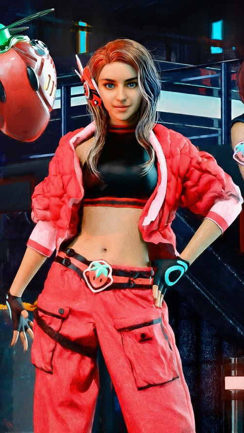 Woman in red outfit with strawberry theme