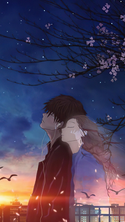 Anime couple listening to music under a starry sky
