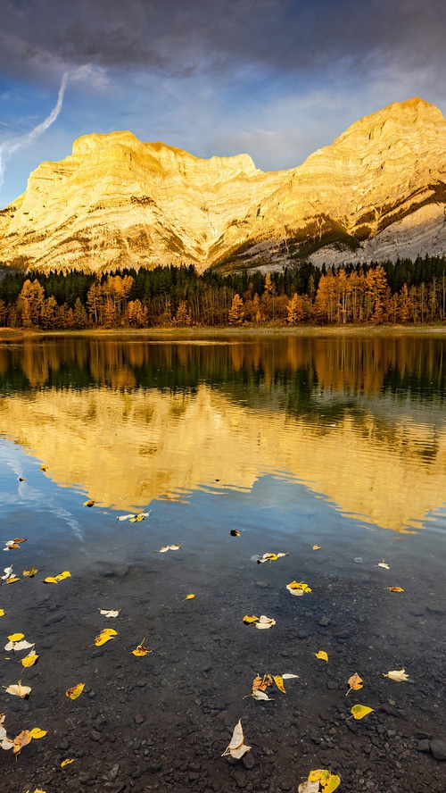 Golden Mountains Reflecting in a Lake with Autumn Leaves