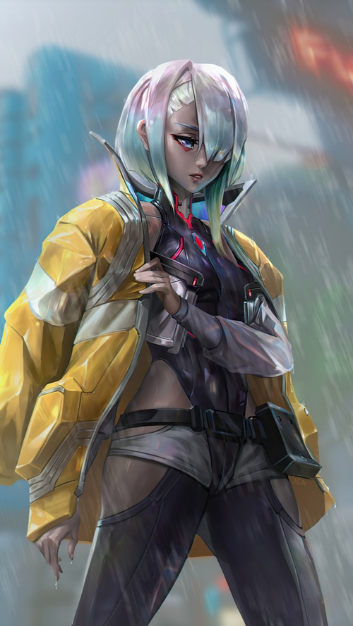 Cyberpunk artwork of a woman in a yellow jacket