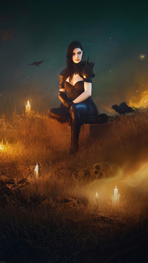 Artwork of a woman in a dark outfit with candles and skulls