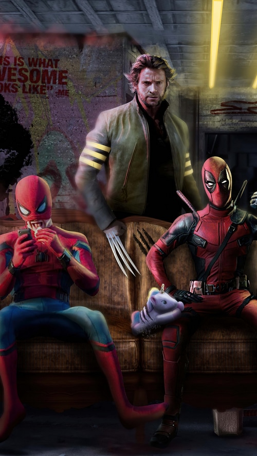 Spider-Man, Deadpool, and Wolverine on a couch