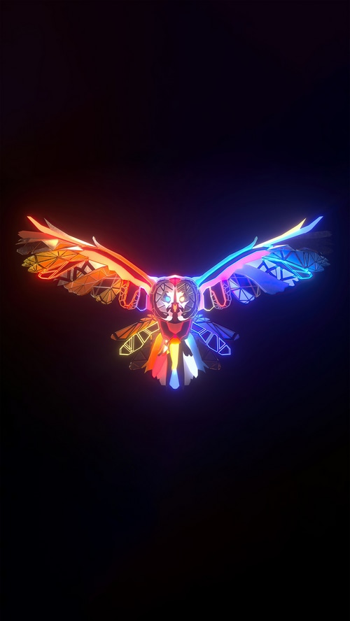 Digital art of a colorful owl in flight