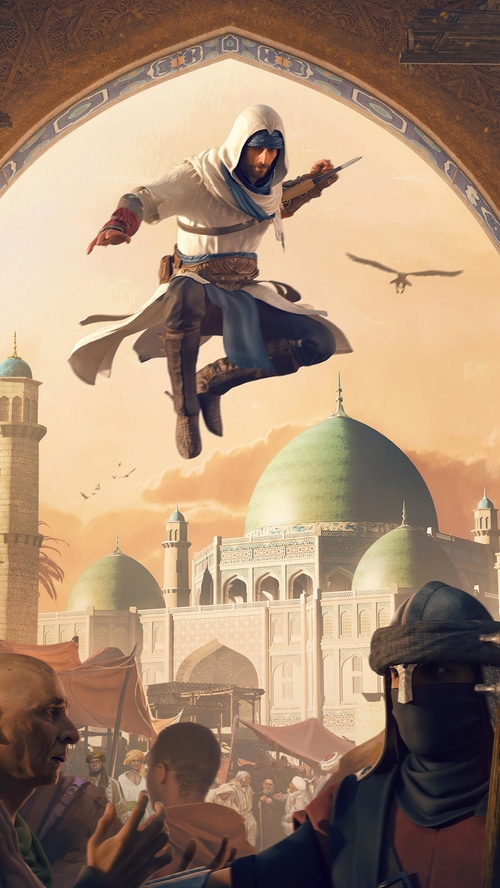 Assassin's Creed Mirage Basim Ibn Ishaq leaping over a marketplace