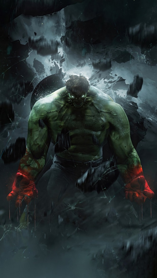 The Hulk with glowing eyes and bloody hands
