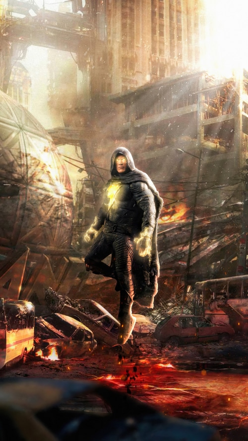 Black Adam standing in a destroyed city