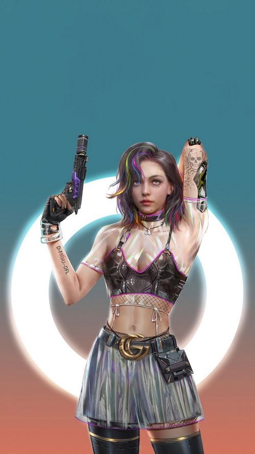 Cyberpunk woman with gun and cybernetic arm