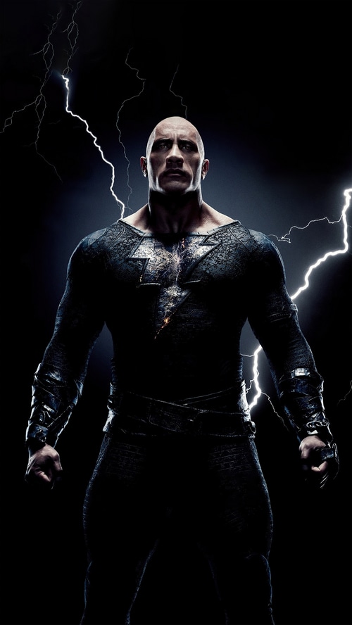 Black Adam with lightning in the background