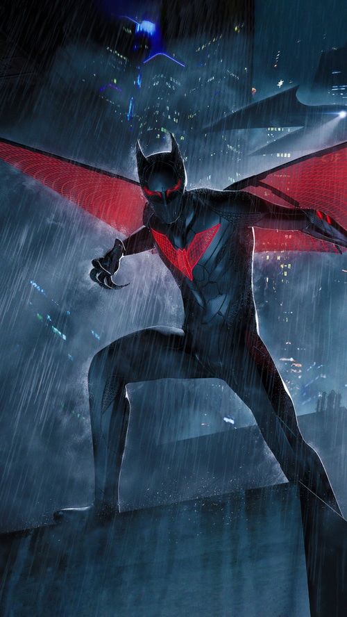 Batman Beyond in a rainy Gotham City