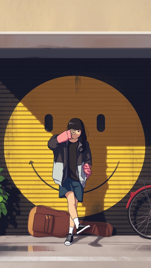 Anime girl in front of a smiley face mural