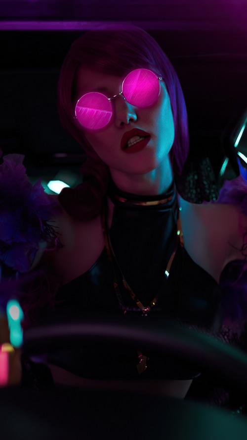 K/DA Evelynn wearing sunglasses in neon lights