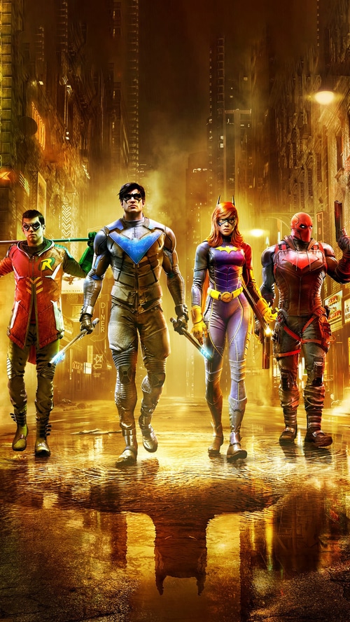 Gotham Knights characters in a city street