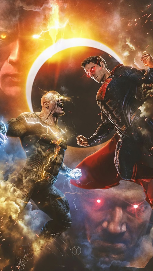 Black Adam and Superman fight during an eclipse