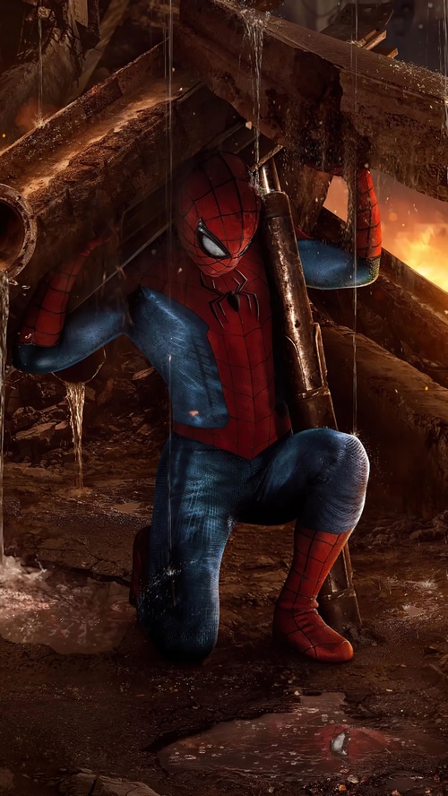 Spider-Man in a destroyed environment