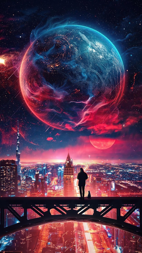 Person and cat on a rooftop overlooking a futuristic city with a planet in the sky