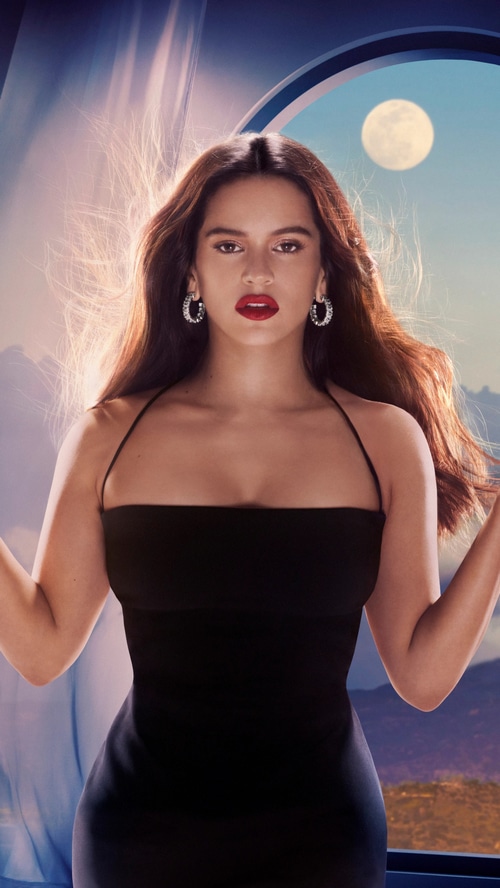 Rosalía in a black dress with a moon in the background