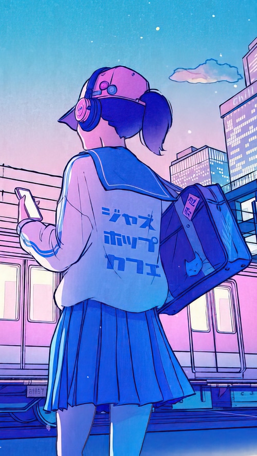 Anime girl with headphones and a bag in a city
