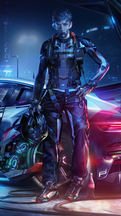 Cyberpunk racer with Porsche and helmet