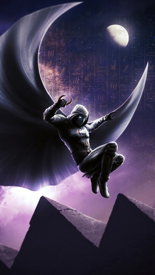 Moon Knight in front of a crescent moon and pyramids