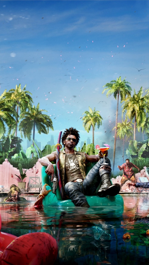 Dead Island 2: Man relaxing in pool with zombies