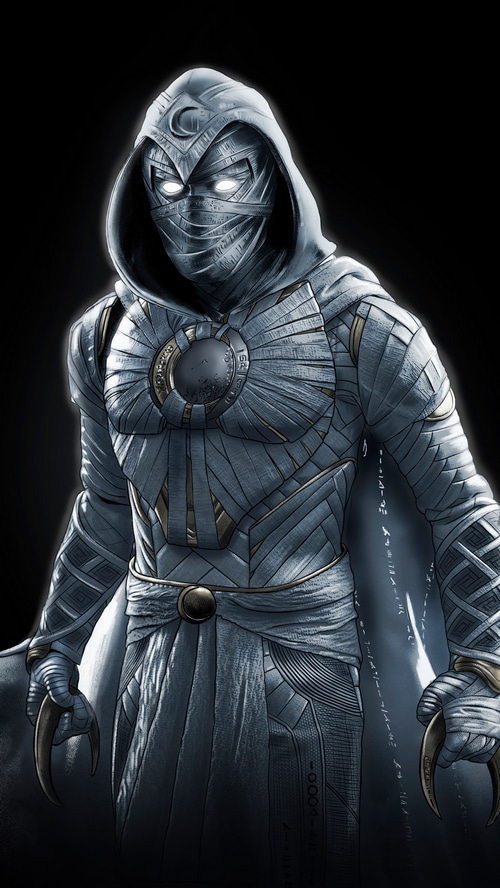 Moon Knight in his costume with crescent moon symbol