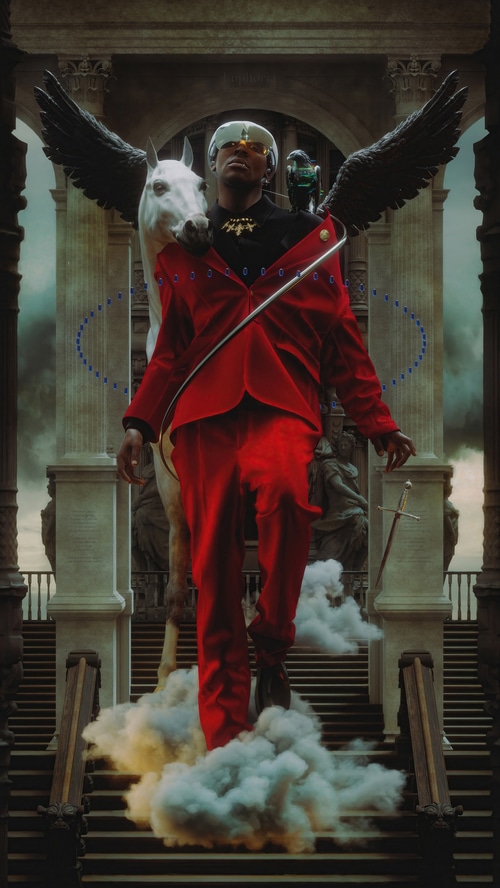 Man in Red Suit with Pegasus and Bird