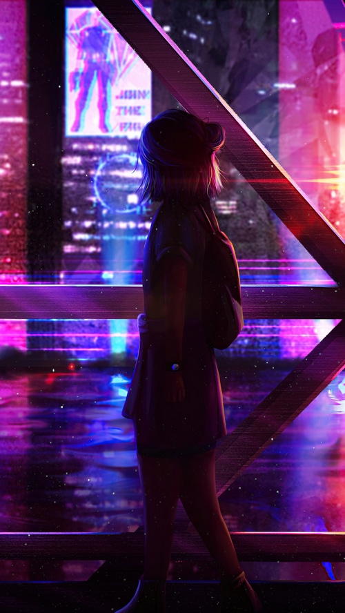 Synthwave artwork of a girl overlooking a neon city