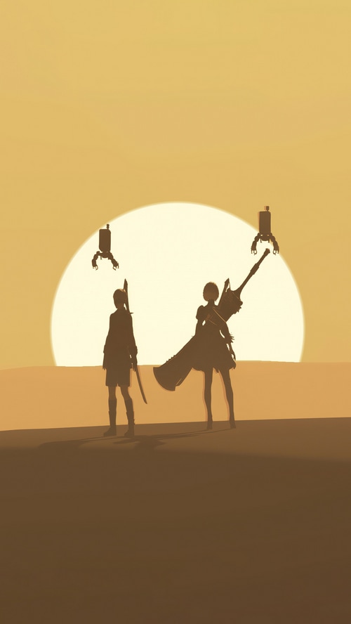 Nier Automata 2B and 9S with Pods in desert