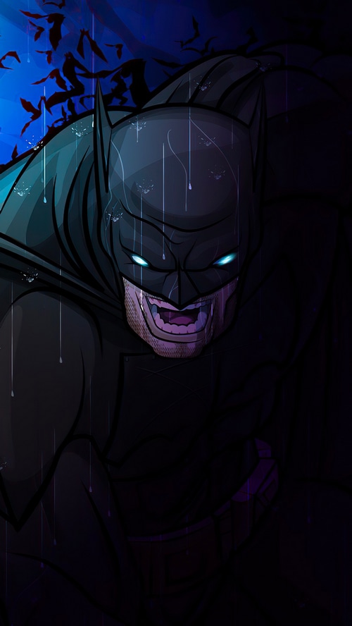 Batman in the rain with bats flying
