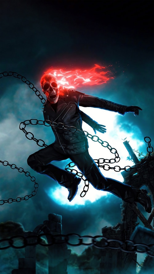 Ghost Rider with flaming skull and chains
