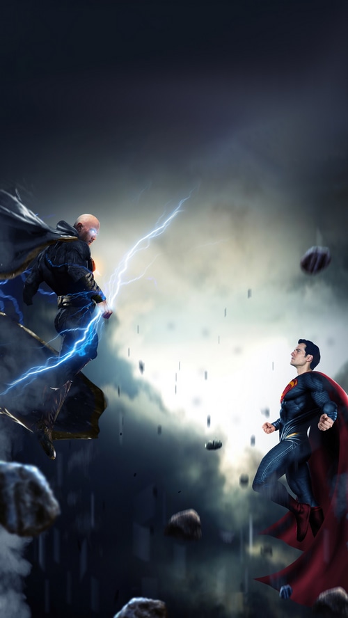 Black Adam and Superman in a lightning storm