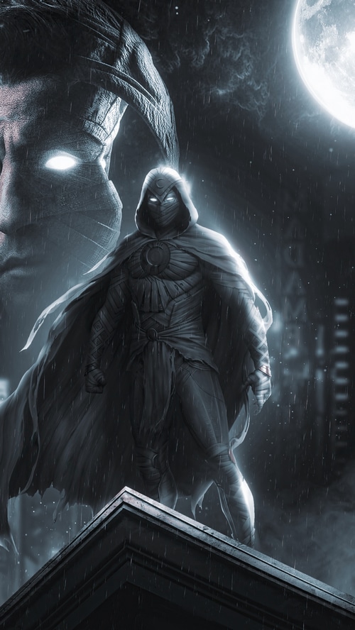 Moon Knight Standing on a Rooftop in the Rain 4K