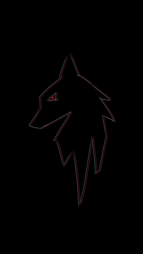Wolf logo with red eye on black background