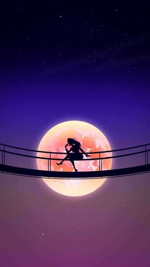 Silhouette of a woman on a bridge with a large moon