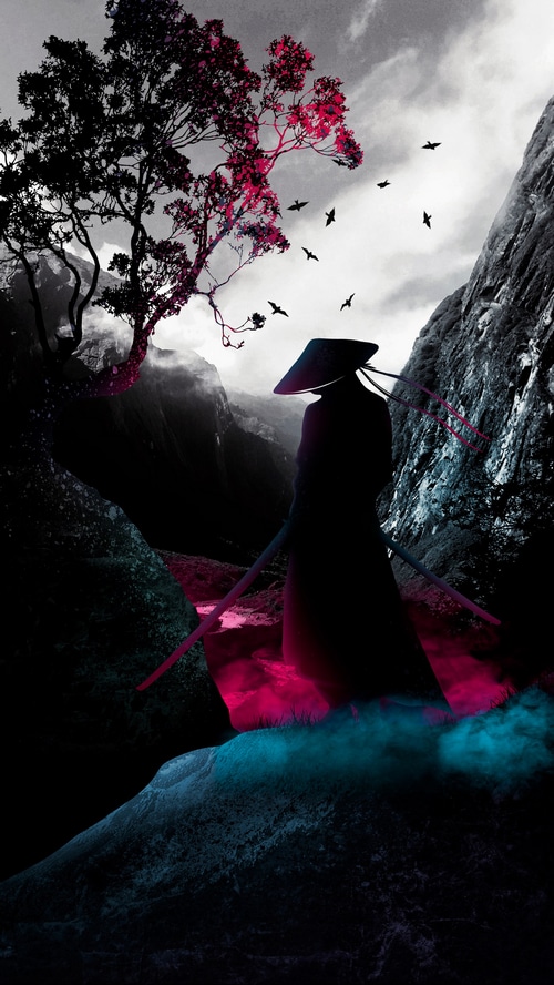 Samurai warrior with swords in a misty mountain landscape