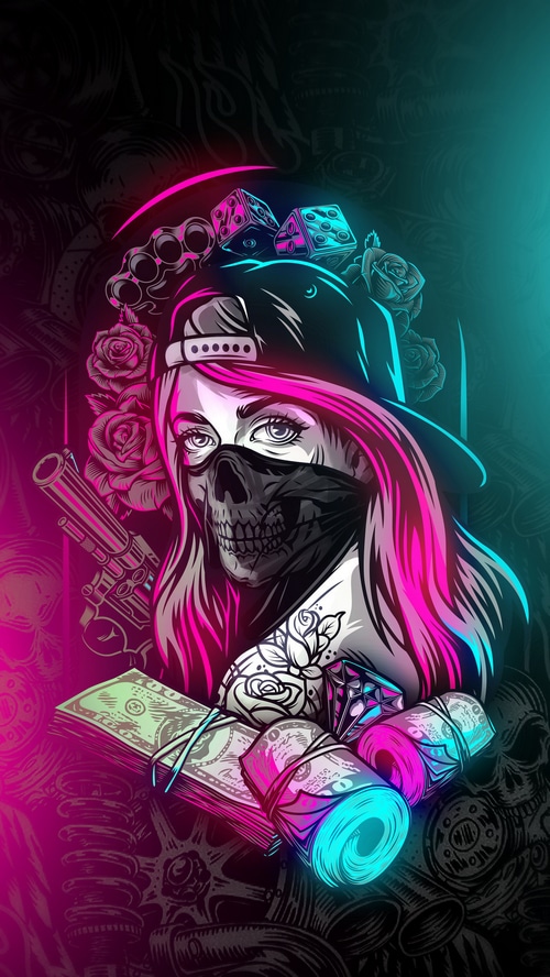 Girl with skull mask, guns, money, and dice