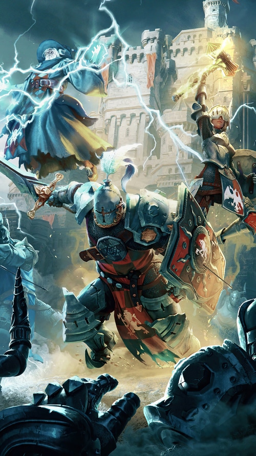 Knights and wizard battling with lightning near a castle