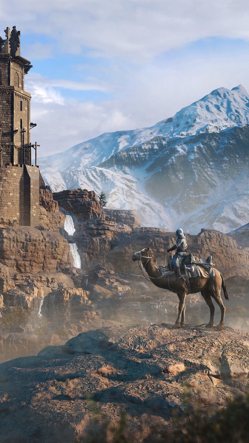 Assassin riding a camel near a castle and mountains