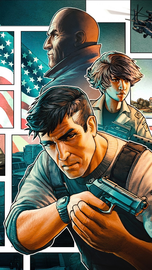 Comic book panel with soldiers and American flag