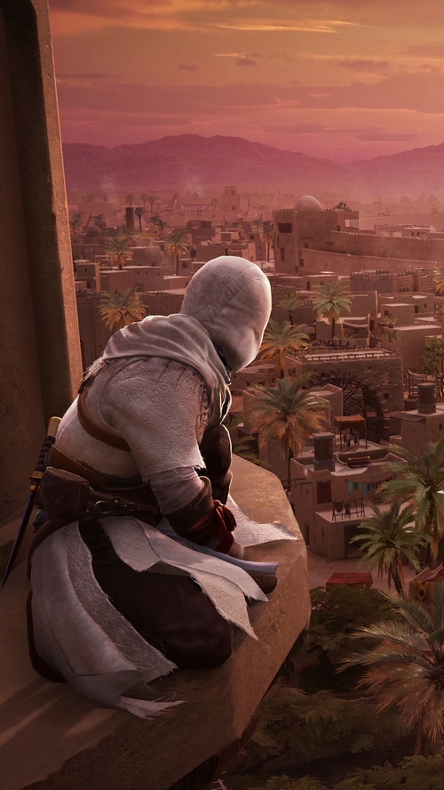 Assassin's Creed Mirage character overlooking a city