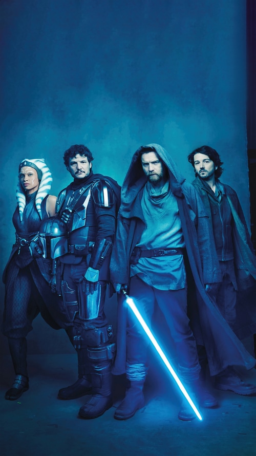 Star Wars characters Obi-Wan Kenobi, The Mandalorian, Ahsoka Tano, and Cassian Andor