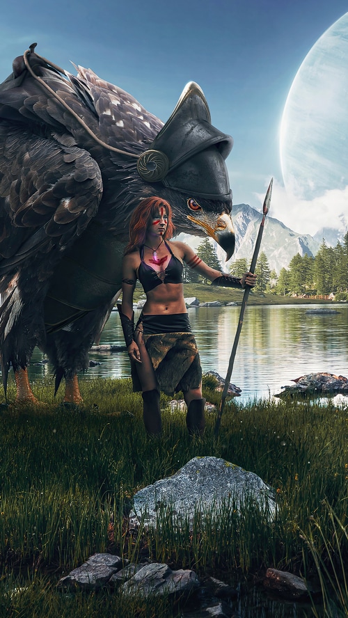 Artwork of a warrior woman and a giant eagle