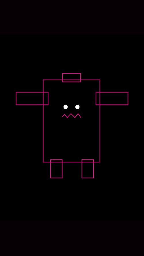 Minimalist geometric character with white eyes and jagged mouth