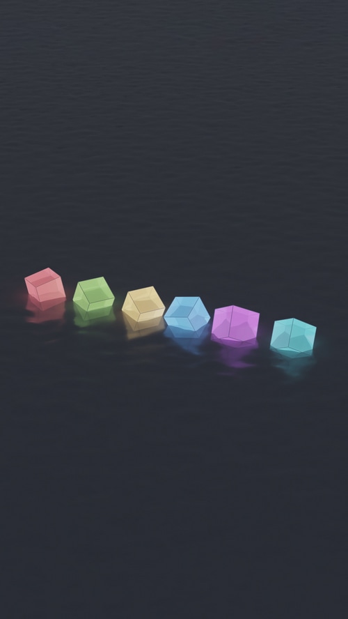 Six translucent geometric shapes on a dark surface
