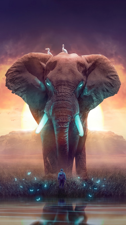 Fantasy elephant with glowing eyes and tusks