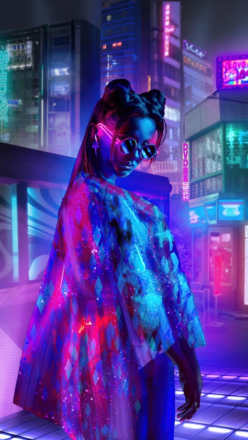 Cyberpunk woman in neon Tokyo cityscape