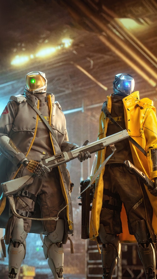 Two robots with shotguns in a futuristic setting