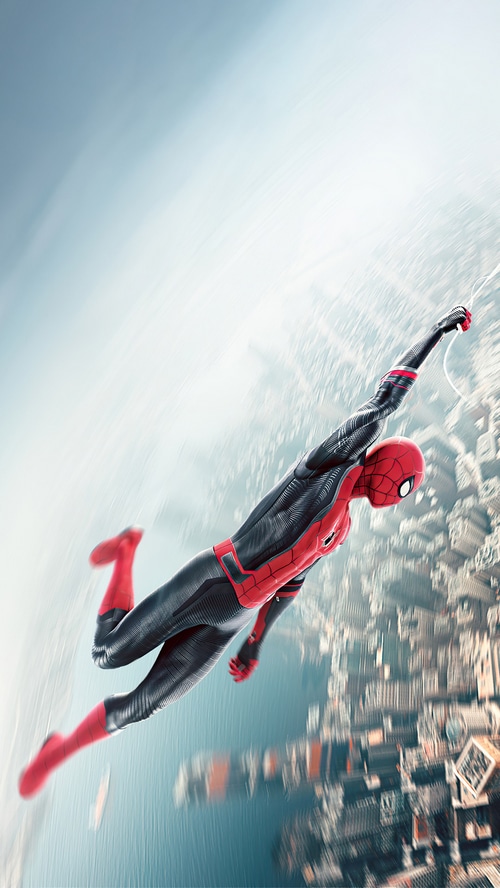 Spider-Man swinging over a city in 4K