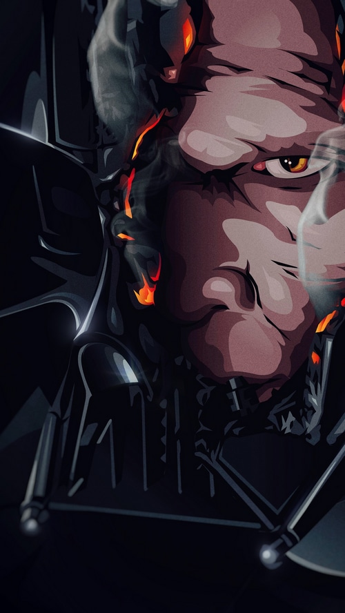 Darth Vader with glowing eyes and smoke