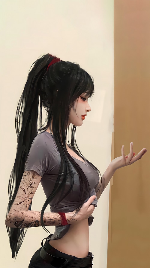 Fantasy girl with tattoos and ponytail